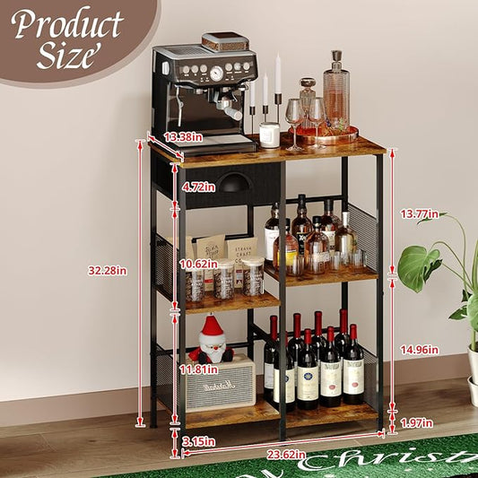 X-cosrack Farmhouse Small Coffee Bar with Drawer, 5-Layer Staggered Coffee Stand Station for Small Space, Rustic Bar Cabinet for Kitchen, Buffet Sideboard Cabinet for Living Room, Room Cafe
