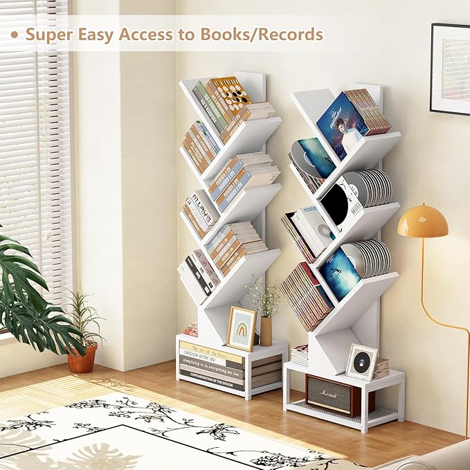 EasyCom Tree Bookshelf Metal Base, 7 Tier Bookcase Storage, Floor Standing Bookshelf Organizer for CDs/Books, Bookshelves for Bedroom/Living Room/Home Office, White