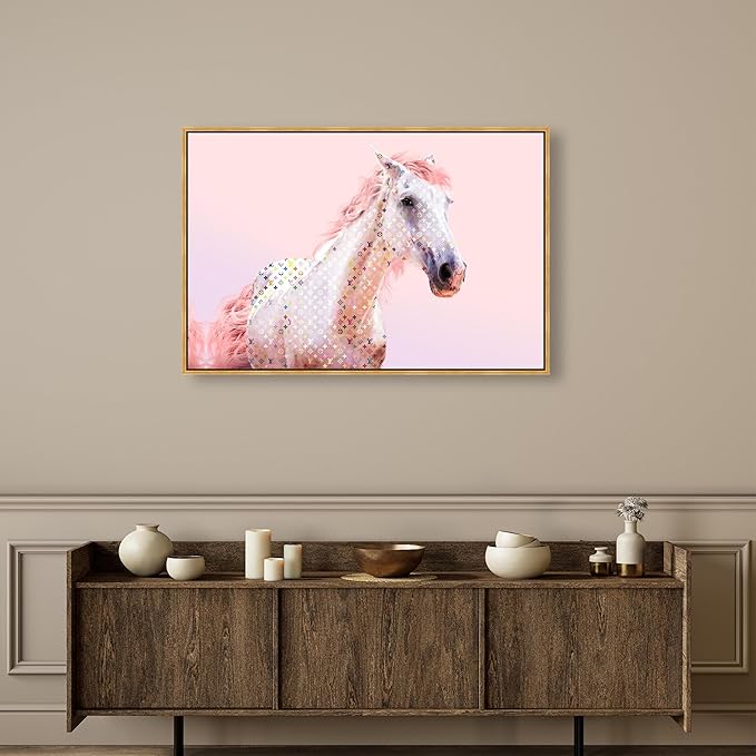 Country Farmhouse Canvas Print Painting Animal Wall Art 'Pink Glam Horse' Gold Framed Canvas Rustic Home Décor 45x30 in Pink, White by Oliver Gal