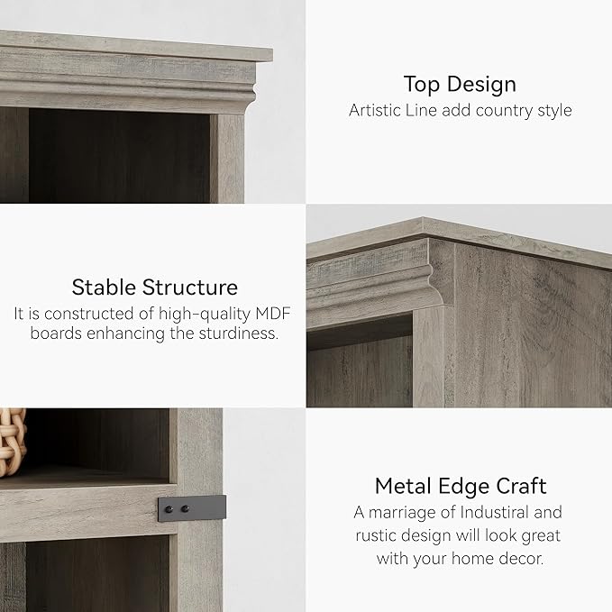 GarveeHome 5 Tier Farmhouse Bookcase, 67.4" Tall Book Shelf with Storage, Wooden Bookshelves 5 Shelf Display Shelves for Home Office(67.4" H x 31.5" W x 12.8" D) (Grey, 67.4" H x 31.5" W x 12.8" D)