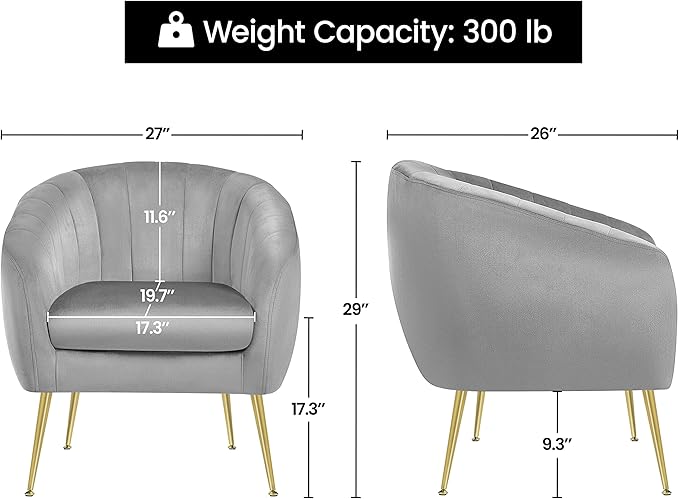 Yaheetech Accent Chair, Modern Barrel Vanity Chair with Gold Metal Legs, Tufted Accent Armchair for Living Room/Bedroom/Office/Makeup Room Gray, Set of 2