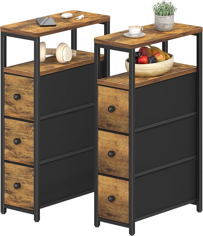 Narrow Night Stand Set 2 - Nightstand with 3 Drawers Skinny Bedsides Tables for Small Space Dresser for Bedroom Living Room Slim Side Table, Farmhouse Brown