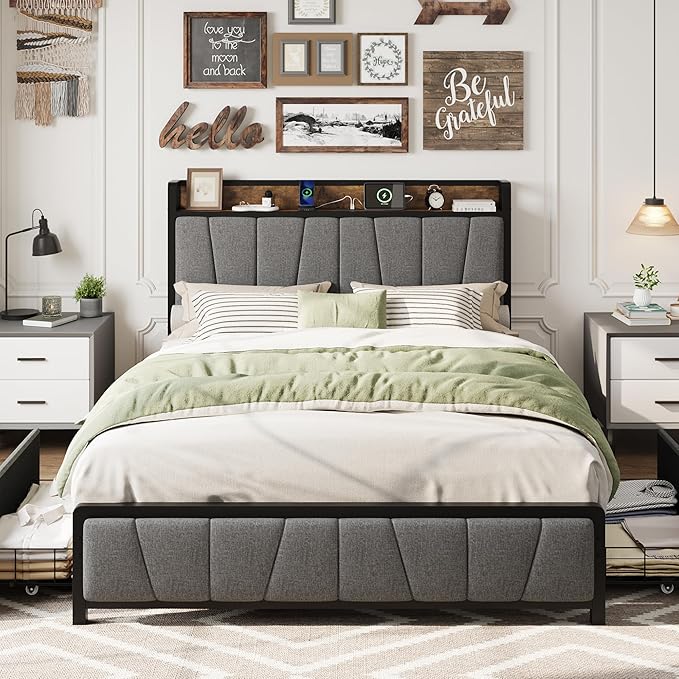 GAOMON Queen Size Bed Frame with Storage Headboard and 2 Drawers, Linen Upholstered Platform Bed Frame with Charging Station, Heavy Duty, No Box Spring Needed, Easy Assembly, Noise Free, Grey&Brown