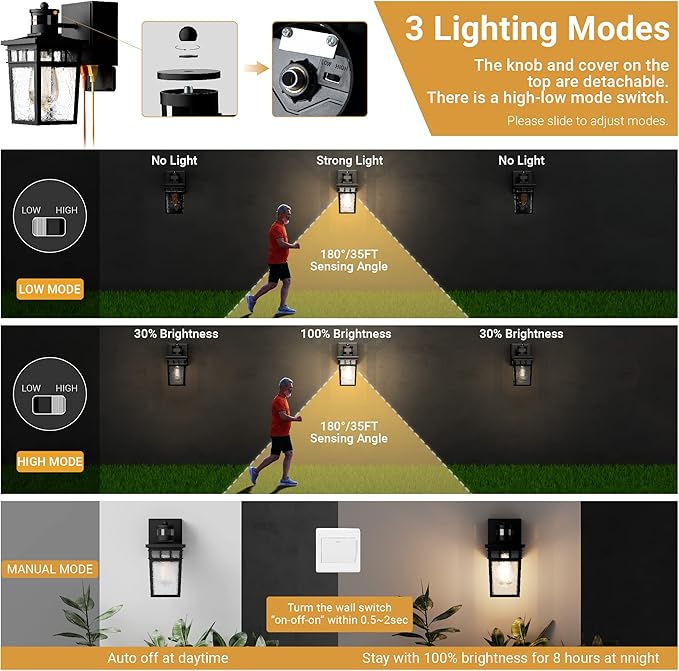 2 Pack Porch Light Outdoor with GFCI Outlet - 3 Lighting Modes Exterior Light Fixture, Dusk to Dawn Motion Sensor Wall Mount Outside Lights for House,Garage,Front Door, Patio