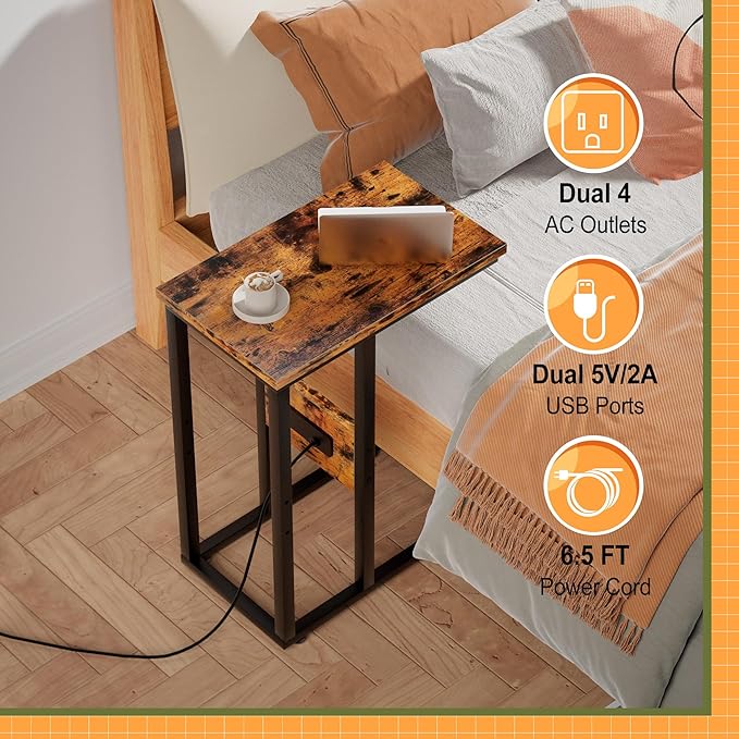 VECELO C Shaped End Table with Charging Station & Power Outlets, Quick Access Side Table for Sofa, C Bedside for Living Room Bedroom 2 Set,Brown