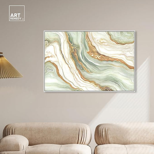 Art Remedy Green And Gold Framed Mineral, Agate & Geode 1 Piece Canvas Wall Art, 46" x 31", White Frame