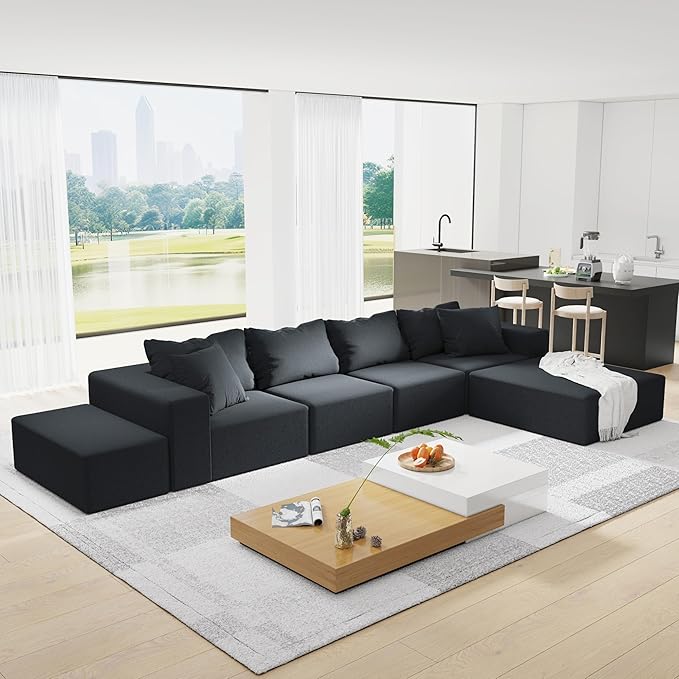 Oversized Boneless Modular Sectional Sofa Cloud Couch for Living Room - Convertible 6 Seater Chenille Couches Set with Ottoman, No Assembly Floor Compression Sofa with Memory Foam | Deep Seat, Wider Armrest, Free Combination