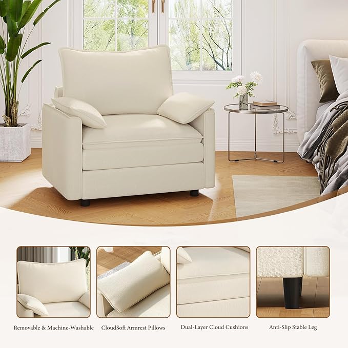 Vesgantti 40" Single Seat Sofa, Comfy Cloud Couch Deep Seat Upholstered Couch Chenille Modern Sofa with Armrest Pillow, Easy Assembly for Living Room, Bedroom and Apartment, Beige | Sink-in Comfort, Height Adjustable, Easy Rearrangement, Extra-deep Ott...