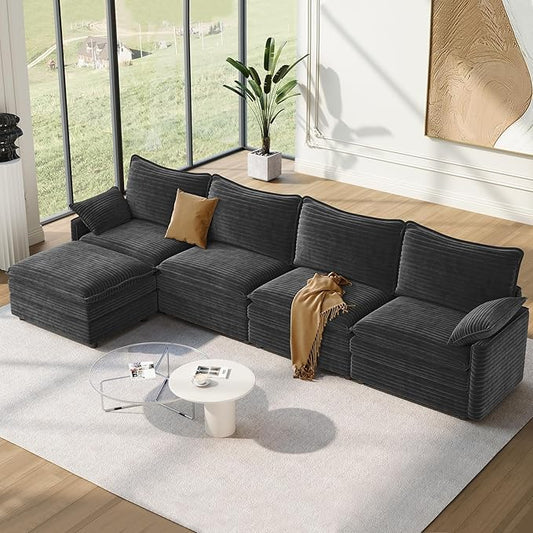 Vesgantti 142" Cloud Couch Sectional Modular Sofa, Comfy Sectional Couch with Ottoman Deep Seat Corduroy L Shaped Sofa, Modular Couches for Living Room, Bedroom and Apartment, Gray | Sink-in Comfort, Height Adjustable, Easy Rearrangement, Extra-deep Ot...