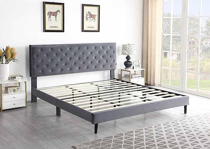 King Upholstered Platform Bed Frame with 48" Tall Adjustable Headboard - Button Tufted Suede Velour Bed- Wood Slat Support with Storage Space - No Box Spring Needed - Grey - OLIVER & SMITH - Princeton