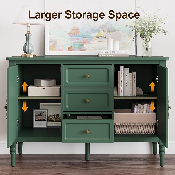 RoyalCraft Buffet Cabinet with 3 Drawers & 2 Doors, Vintage Sideboard with Storage, Mid Century Modern Painted Coffee Bar Table for Entryway, Living Room, Dining Room, Green