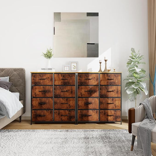 OLIXIS Dresser for Bedroom, 8 Storage Drawers, Tall Large Fabric Storage Tower Organizer, Chest of Drawers with Metal Frame Wooden Top for Nursery, Closet, Living Room, Entryway, Classic Rust Brown