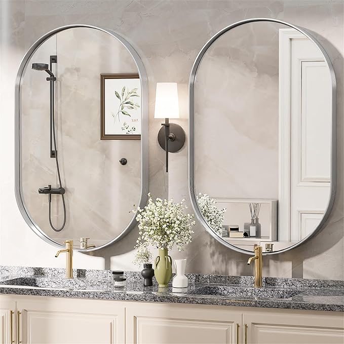 Suidia 24" x 36" Bathroom Mirror, Bathroom Vanity Mirror Metal Framed, Wall-Mounted Mirrors for Bedroom, Living Room, Entryway, Hallway, Silver, Oval Style