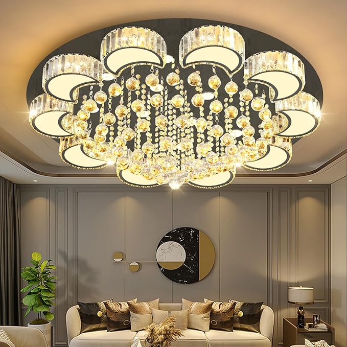 40'' Black Modern Crystal Chandeliers for Dining Room LED Dimmable Light Fixtures Flush Mount Light Living Room Bedrooms