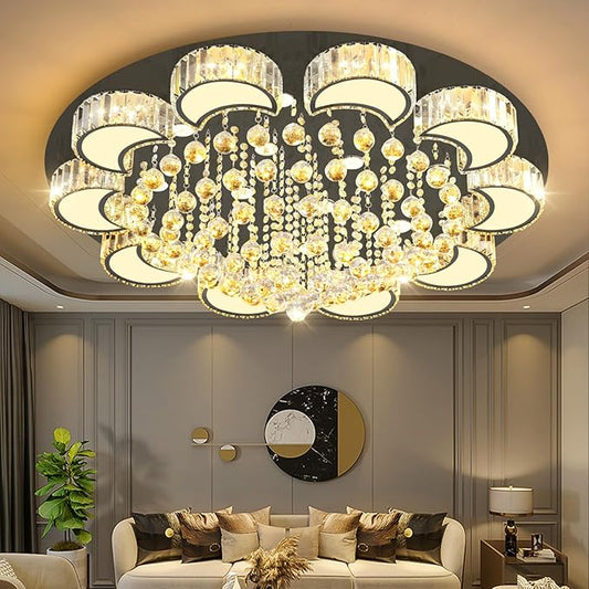 40'' Black Modern Crystal Chandeliers for Dining Room LED Dimmable Light Fixtures Flush Mount Light Living Room Bedrooms