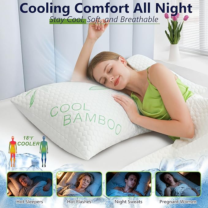 Memory Foam Pillows, Cooling Pillows Queen Size Set of 2 Adjustable Firm Bamboo Bed Pillows for Hot, Side, Back and Stomach Sleepers