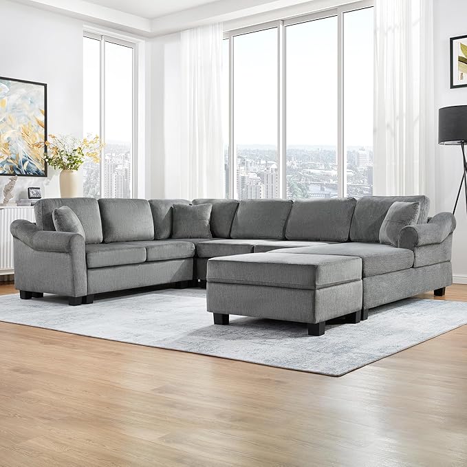ERYE 112-Inch U-Shaped Sectional Sofa with Movable Storage Ottoman, Oversized Chenille Upholstered Corner Modular Sofa Couch W/Right Facing Chaise Lounge and 3 Toss Pillows