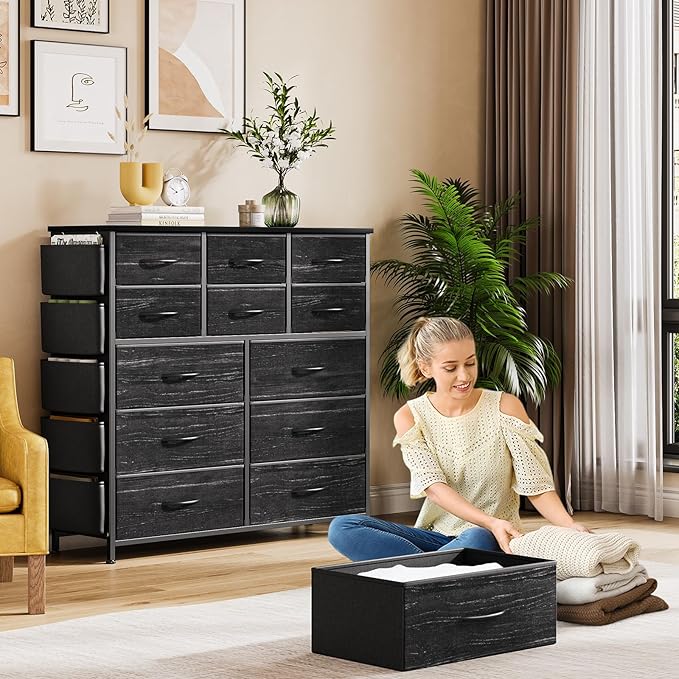 GarveeHome Black 12 Drawer Dresser for Bedroom, Fabric Dressers & Chests of Drawers with Side Pockets, Chest of Drawers for Closet, Living Room, Closet, Hallway