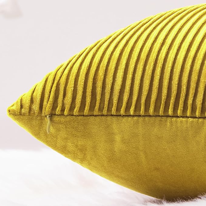 YCOLL Yellow 12x20 Pillow Cover Set of 2 Velvet Striped Pattern - Soft Throw Pillows for Home Decor, Luxury Decorative Pillow Covers for Couch, Bed,Living Room