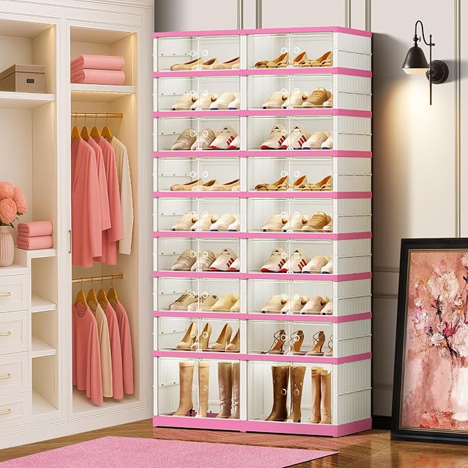 9-Tier Foldable Shoe Rack Organizer for Closet,36 Pairs Collapsible Plastic Shoe Shelf,Large Shoes Cabinet with Door,Clear Stackable Storage Box Easy Assembly（White-Pink）