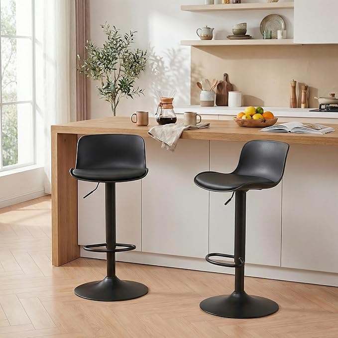 YOUNIKE Bar Stools Set of 2 Modern Black PU Counter Height Barstool, High Padded Adjustable Swivel Barstools with Back for Bar Counter and Kitchen Island