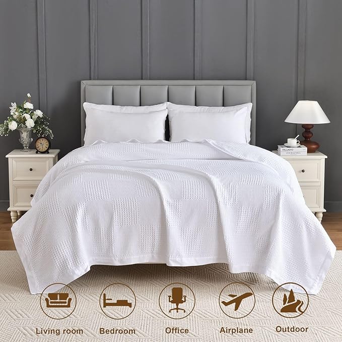 meadow park Cotton Waffle Blanket with Cotton Sateen Binding - King Size - Lightweight and Breathable - Washed Waffle Throw - White Color.