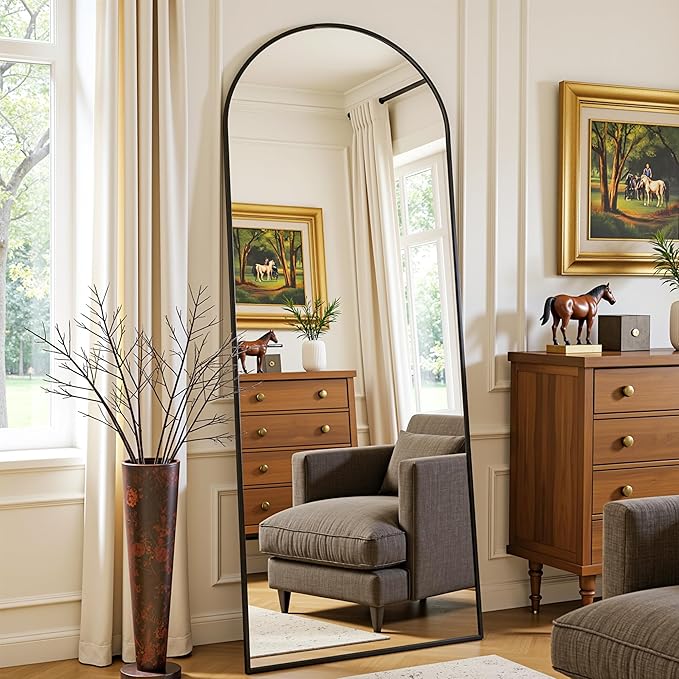 Full Length Mirror, 59"x18" Arched Full Body Mirror, Floor Mirrors with Stand, Body Mirrors Standing Hanging Leaning Against Wall,Aluminum Frame Mirrors for Bedroom Cloakroom,Living Room,Black