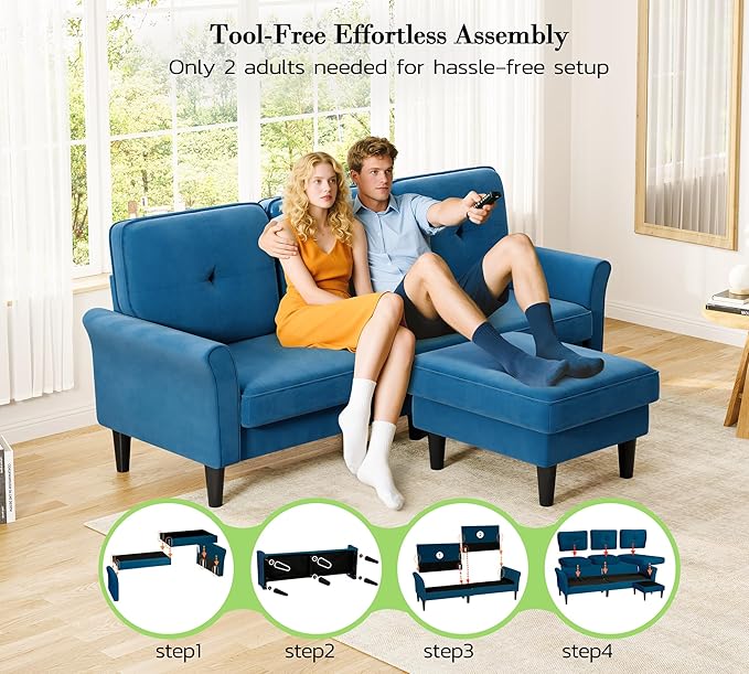 Kidirect 83" Sectional Couch, Velvet L-Shaped Couch 3 Seater Sectional Couches for Living Room, Comfy Fluffy Deep Seat Loveseat, Modular Sectional Sofa with Ottoman for Apartment Office, Blue Couch