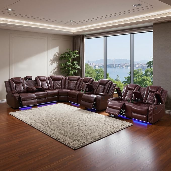 Power Leather Recliner Sectional Sofa with LED Light,L Shaped Reclining Couch with USB Charger/Cup Holder/Storage,Leather Sofa for Living Room Furniture Sets(Burgundy,Sectional+2 Seats)