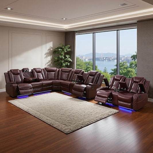 Power Leather Recliner Sectional Sofa with LED Light,L Shaped Reclining Couch with USB Charger/Cup Holder/Storage,Leather Sofa for Living Room Furniture Sets(Burgundy,Sectional+2 Seats)