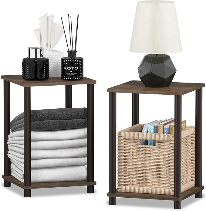 Furinno Turn-N-Tube Side Table Set of 2, 2-Tier Stackable Modern End Table with Open Shelf, Toolless Night Stand, Bedside Table, for Living Room, Bedroom, Walnut