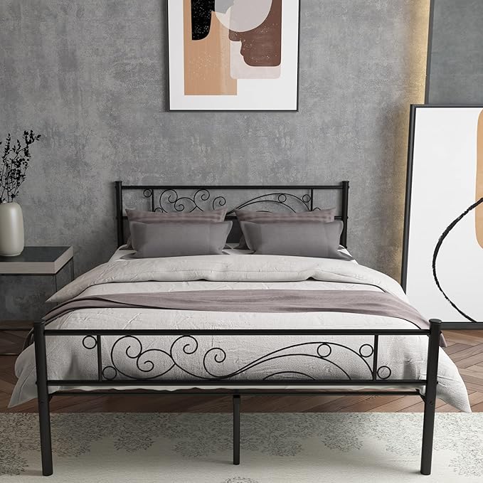 Weehom Metal Bed Frame with Headboard and Footboard Mattress Foundation No Box Spring Needed Full Platform Bed, Black