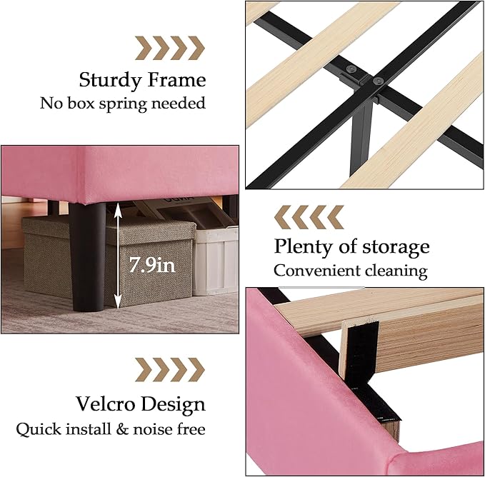 VECELO Queen Bed Frame, Platform Bed Frame with Adjustable Height Upholstered Headboard, Heavy-Duty Frame and Strong Wooden Slats Support, Non-Slip and Noise-Free, Easy Assembly, Pink