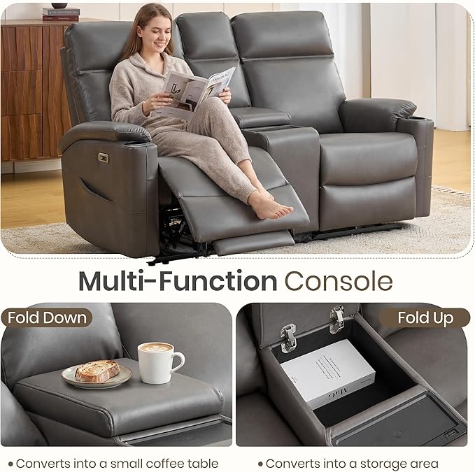Power Recliner Loveseat, Electric Reclining Sofa with Wireless Charger, Wall Hugger Loveseat Recliner with Extended Footrest, 2-Seater Couch for Living Room, RV & Office (Grey)