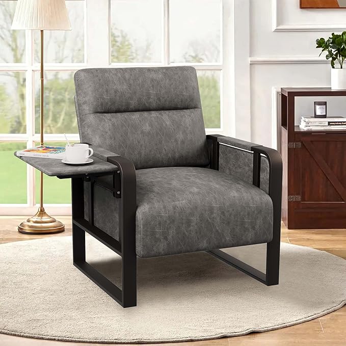 Modern Accent Chair with Side Table PU Leather Upholstered Armchair for Bedroom Leisure Living Room Chairs Office Chair Grey