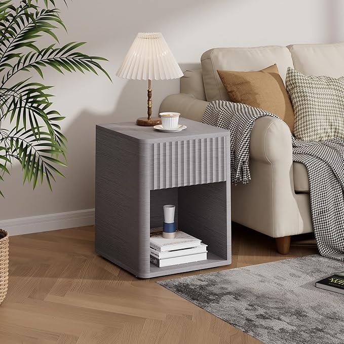 VICITON Fluted Narrow Night Stand,Thin Nightstand with Leather Surface, Small End Table with Storage, Living Room/Bed Side Table for Small Spaces (Light Gray, Large)