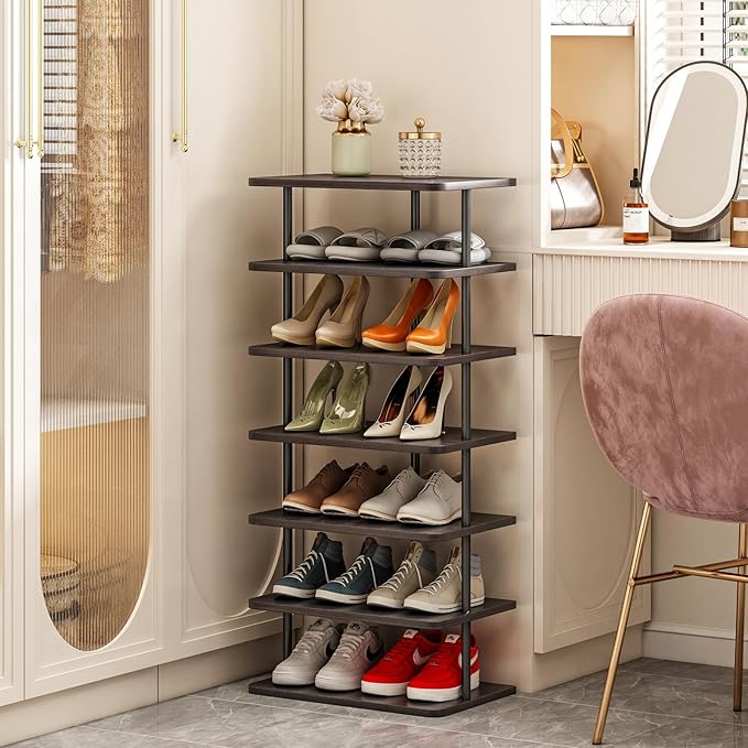 SORCEDAS 7 Tiers Vertical Shoe Rack Wooden Shoe Storage Organizer for Space Saving Narrow Shoe Shelf Storage 14 Pairs for Entryway Living Room Bedroom(Black + Rustic Dark Brown)