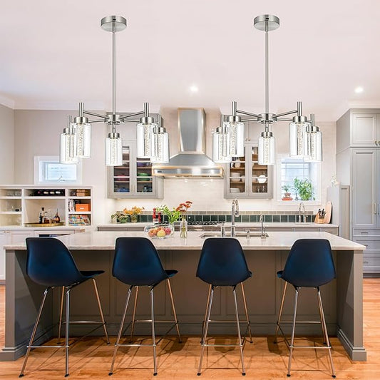 VINLUZ LED 5 Light Modern Chandeliers for Dining Room,Brushed Nickel Finish Hanging Lighting Fixture with Crystal Bubble Clear Glass Shade Kitchen Island for Hanging