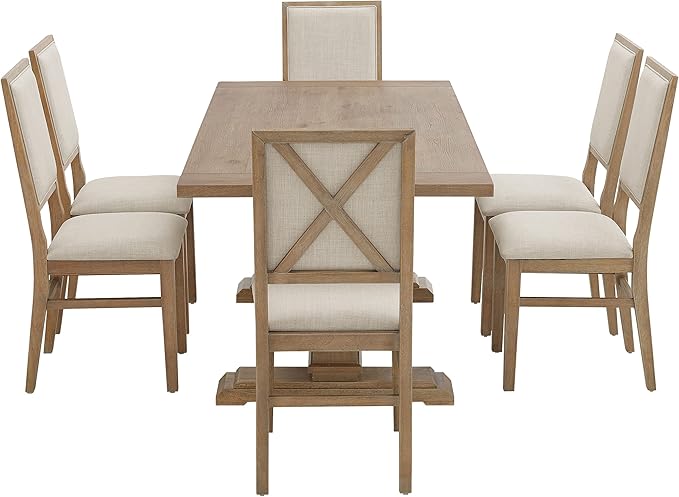 Crosley Furniture Joanna 7-Piece Modern Farmhouse Dining Table Set for 6 with Upholstered Chairs, Rustic Brown/Creme