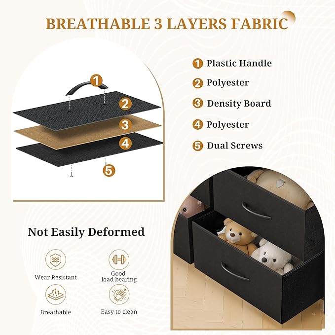 Dresser with 7 Drawers for Bedroom, Fabric Clothes Cabinet for Closet, Anti-Tip Storage Dresser with Metal Frame for Living Room, Entryway, Dorm, Black
