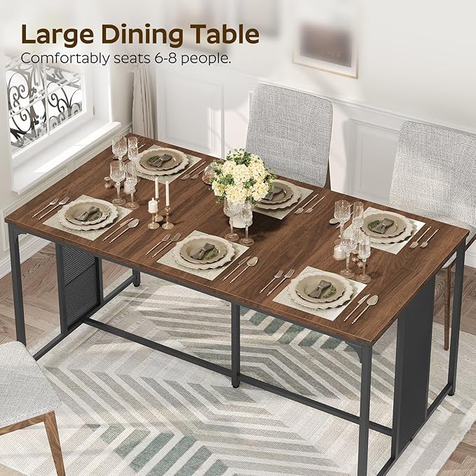 Dining Table for 6-8, 63" Large Kitchen Table, Industrial Dining Room Table, Wooden Rectangular Table with Adjustable Feet, for Dinner, Kitchen, Walnut and Black CZ03BH