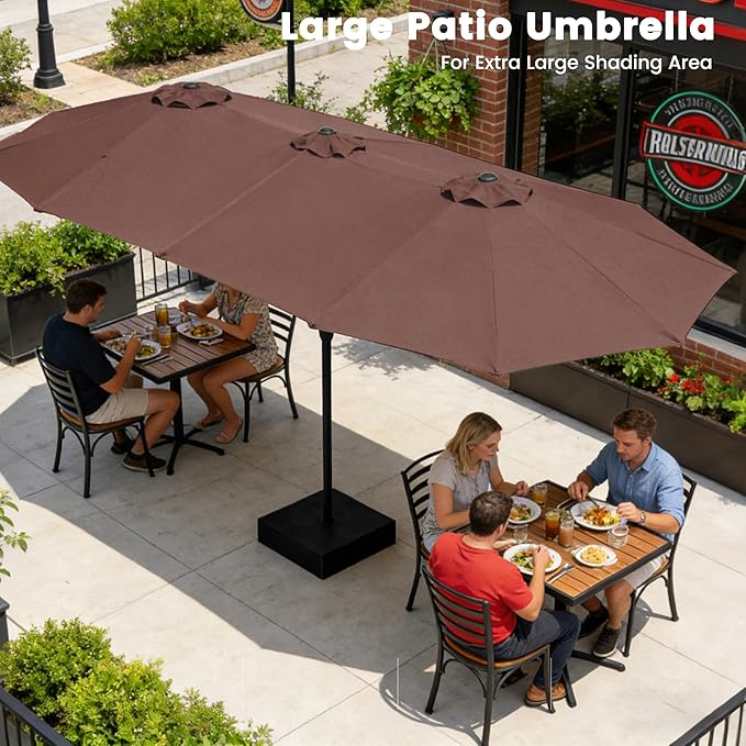Ayge 15FT Patio Umbrella with Base,Large Outdoor Double-Sided Rectangle Umbrella with Crank Handle, Market Umbrella for Poolside Garden Deck Backyard Beach Pools,Brown