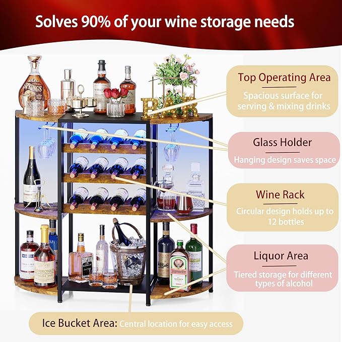 JKsmart Small Wine Bar Cabinet with LED Lights, Mini Wine Rack with Storage and Glass Holder, Home Bar Cart for Liquor, 3-Tier Bar Table for Kitchen, Dining Room, Living Room, Rustic Brown