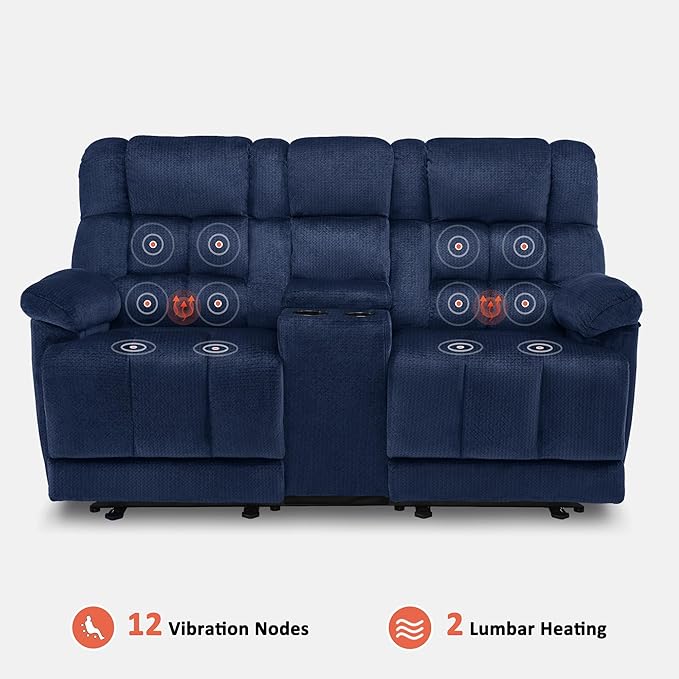 MCombo Zero Gravity Power Loveseat Recliner with Console, Heat and Vibration Massage, Reclining Loveseat Sofa with USB Ports, Cup Holders for Living Room, Fabric RS6234 (Navy Blue)