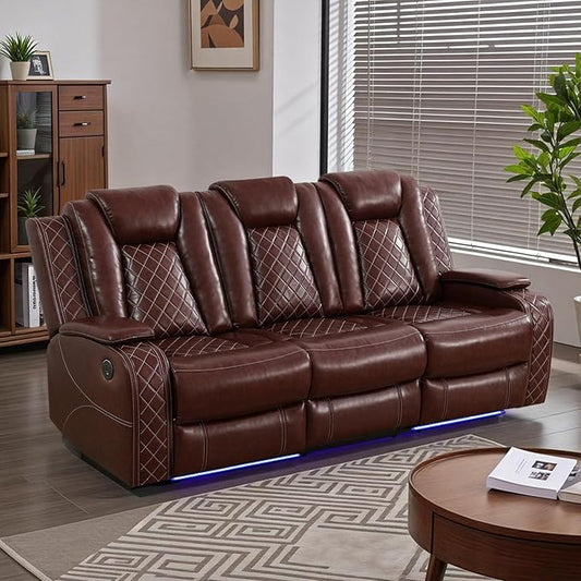 Power Recliner Sofa Set for Living Room, Leather Power Reclining Sofa Sets with LED Lights, Console Storage, Recliner Couch with USB Port(Sofa,Red)