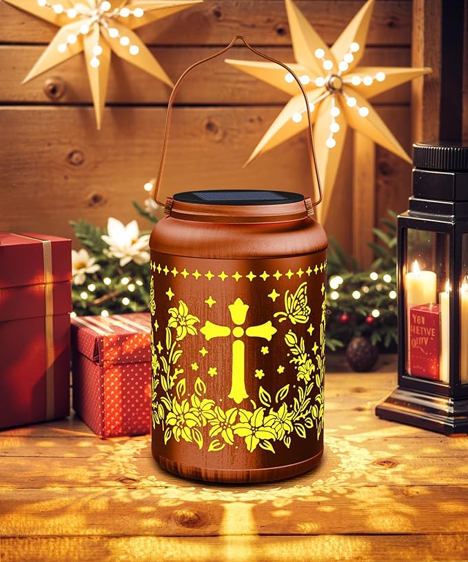 Solar Lanterns Outdoor Waterproof Decorative Garden Solar Lights Outdoor,Hanging Hollow Out Metal Ornaments Decor for Outside Lawn,Patio,Balcony,Yard Unique Gifts for Women Christian Cross