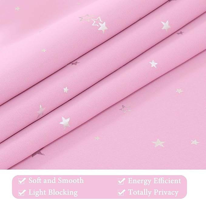 H.VERSAILTEX Blackout Star Curtains for Kids Room Boys Girls Twinkle Silver Stars Full Light Blocking Cute Thick Soft Curtain Drapes, Grommet Top, 2 Panels, 52" W x 63" L, Pink