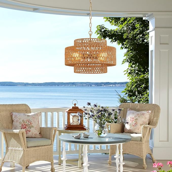17.8" Boho Rattan Chandelier Light Fixture, 4-Light Golden Hand Woven Pendant Light Fixture Farmhouse Rustic Wicker Chandeliers for Kitchen, Bedroom, Dining Room, Living Room, Hallway, Foyer