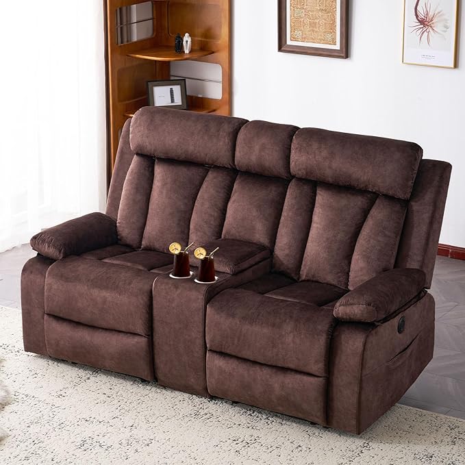 Velvet Power Recliner Sofa Living Room Set, Electric Loveseat Reclining Sofa Couch Set with Massage & Heat/Console/Cup Holder/USB & Type C, Modern Living Room Furniture Sofa Set (Brown)