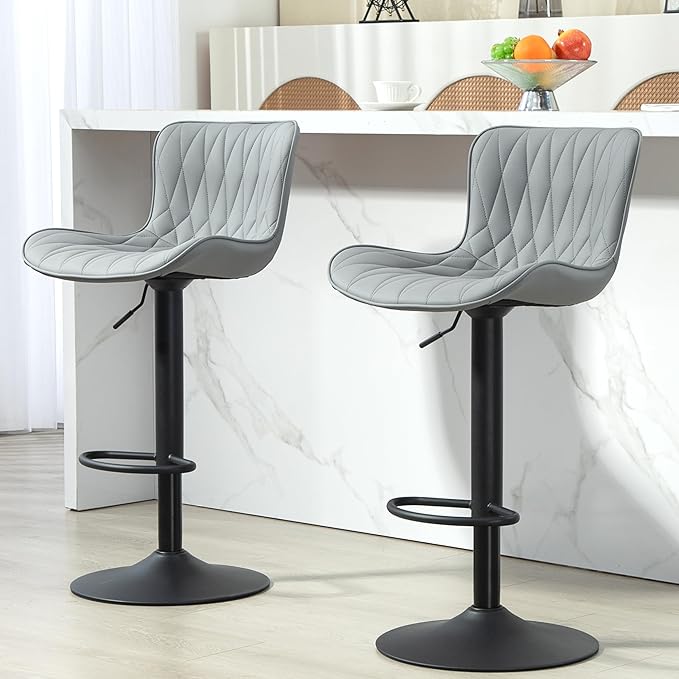 Finnhomy Bar Stools Set of 2, Modern 360° Swivel Faux Leather Bar Stools, 24"-32.5" Seat Height with Back, 330 lbs Capacity, SGS Gas Lift, Upholstered Kitchen Chairs for Kitchen Island, Grey